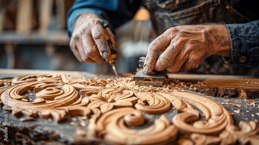 Engraving designs on wood in a well-lit workshop Engraving designs on wood in a well-lit workshop