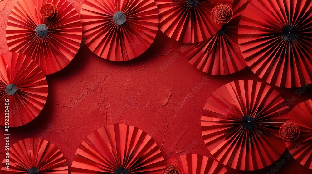 Red Paper Fans on Red Background Red Paper Fans on Red Background