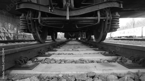 Zug von unten, Zug auf den Gleisen, Bahngleise unter einem Zug. 