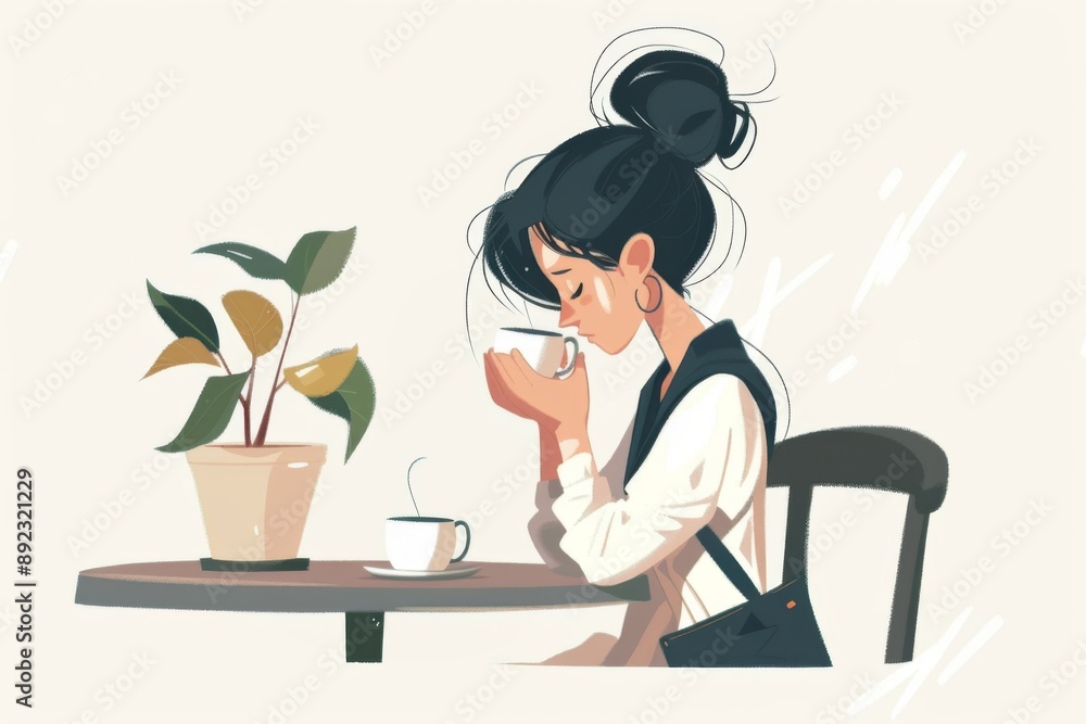 Fototapeta premium Character alone in cafe. Waiting for friend with mobile in hands. Flat cartoon illustration