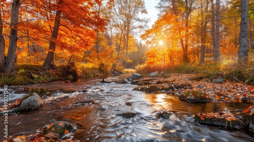 A serene autumn forest with vibrant orange leaves and a gentle stream flowing through, capturing the beauty of nature in fall