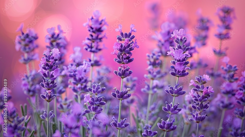Naklejka premium A vibrant field of lavender flowers in full bloom, set against a soft pink and purple bokeh background, showcasing their beauty and fragrance