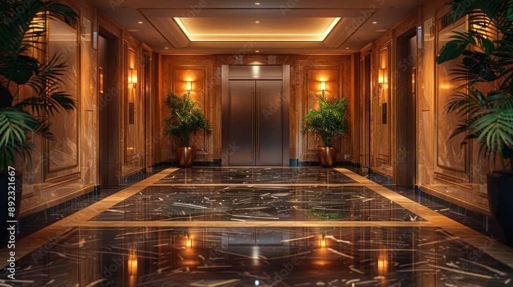 Elegant Hotel Lobby with Marble Floor and Elevator Elegant Hotel Lobby with Marble Floor and Elevator