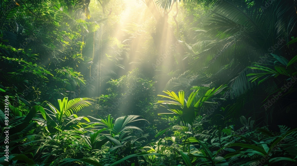 Sunlight streams through the dense foliage of a lush rainforest, illuminating the vibrant green leaves and creating a magical, serene atmosphere Sunlight streams through the dense foliage of a lush rainforest, illuminating the vibrant green leaves and creating a magical, serene atmosphere