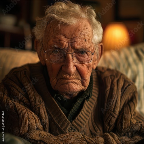 An elderly person with a scowling expression, representing cantankerous behavior, in a cozy living room.