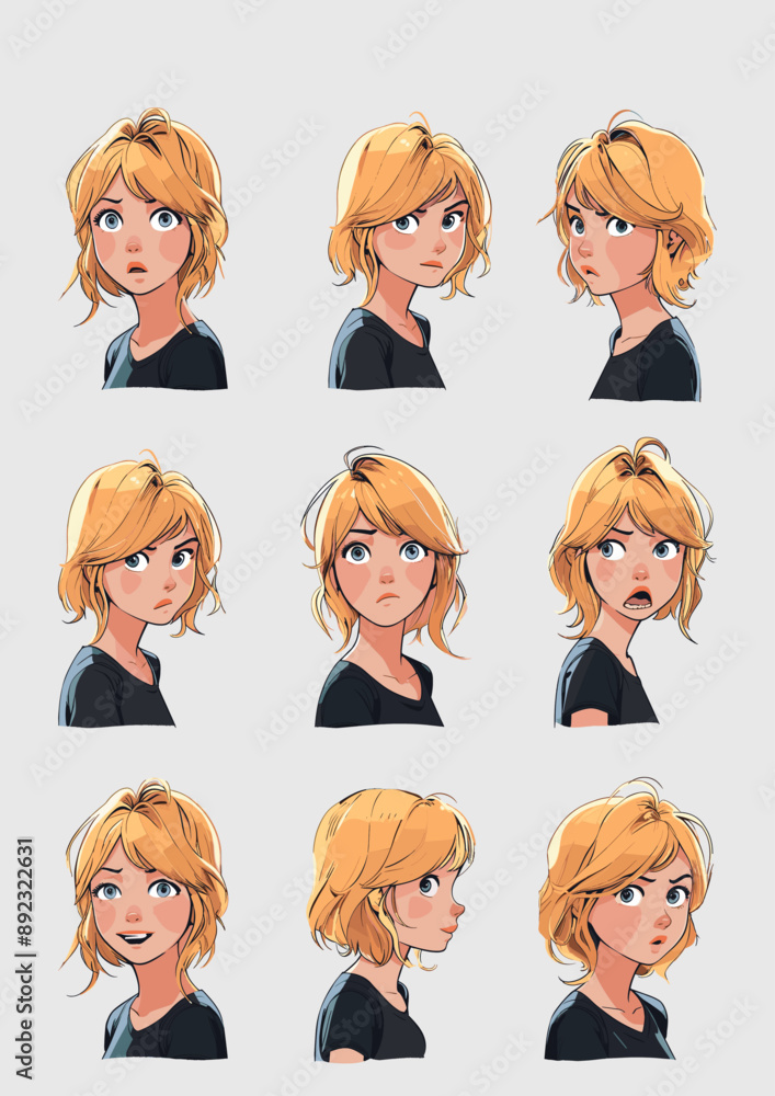 Vector Character has a different expression: cute Blonde girl toon avatar. Vector Character has a different expression: cute Blonde girl toon avatar.