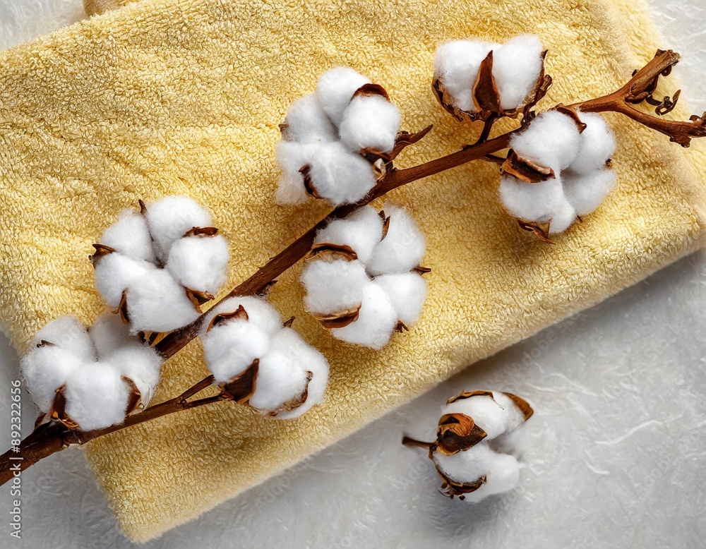 Branch of cotton flowers on soft bath terry towel background. Eco and organic bathroom accessory for spa. Branch of cotton flowers on soft bath terry towel background top view. Eco and organic bat Branch of cotton flowers on soft bath terry towel background. Eco and organic bathroom accessory for spa. Branch of cotton flowers on soft bath terry towel background top view. Eco and organic bat