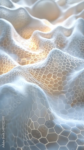 Dynamic 3D wave of white hexagons, each emitting a soft, pulsing glow