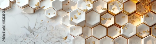 Elegant 3D ceiling with interlocking white hexagons and gold accents, exuding luxury