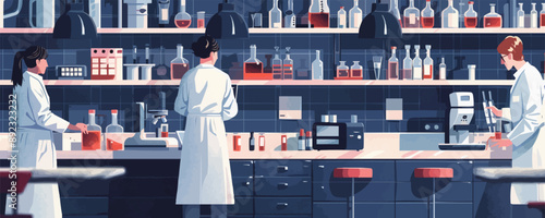 Three scientists are working in a lab with a counter full of bottles and beakers. Scene is serious and focused, as the scientists are likely conducting experiments or research