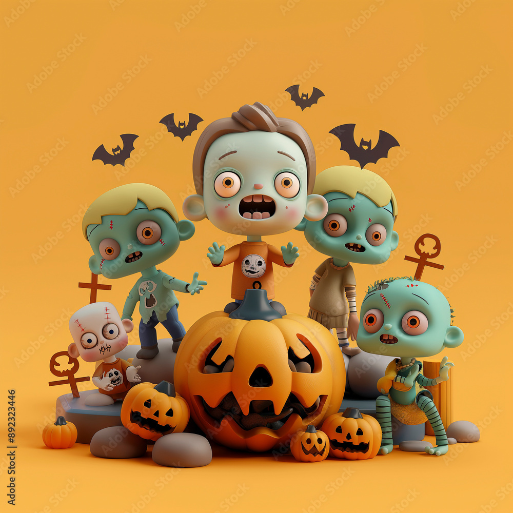 Naklejka premium Cute Halloween 3D model. 3D rendering. C4d movie poster style