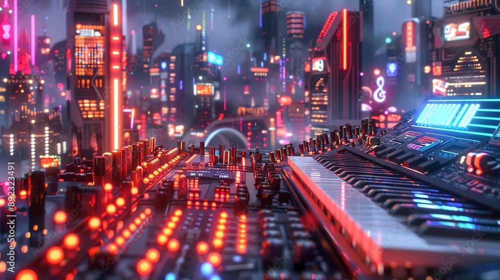 Futuristic 3D cityscape with musical instruments and neon lights, evoking a vibrant, music-filled metropolis Futuristic 3D cityscape with musical instruments and neon lights, evoking a vibrant, music-filled metropolis