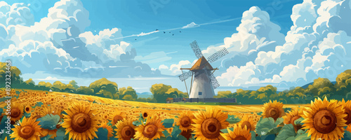 A field of yellow sunflowers with a windmill in the background