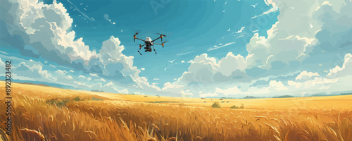 A drone is flying over a field of tall grass. The sky is cloudy, and the sun is shining through the clouds. The drone is flying low to the ground, and it is taking pictures of the field