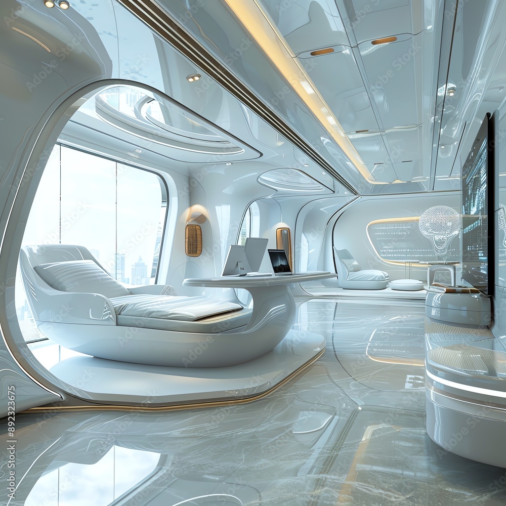 Obraz premium Futuristic 3D office with sleek furniture, touch-screen desks, and a holographic assistant