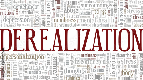 Derealization word cloud conceptual design isolated on white background.