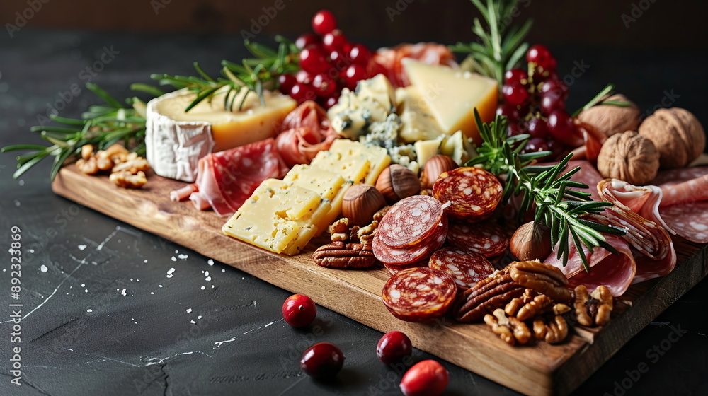 A beautifully arranged charcuterie board with assorted cheeses, cured meats, nuts, and fresh fruits, garnished with rosemary sprigs and cranberries for a holiday touch. Atmosphere Christmas New Year A beautifully arranged charcuterie board with assorted cheeses, cured meats, nuts, and fresh fruits, garnished with rosemary sprigs and cranberries for a holiday touch. Atmosphere Christmas New Year