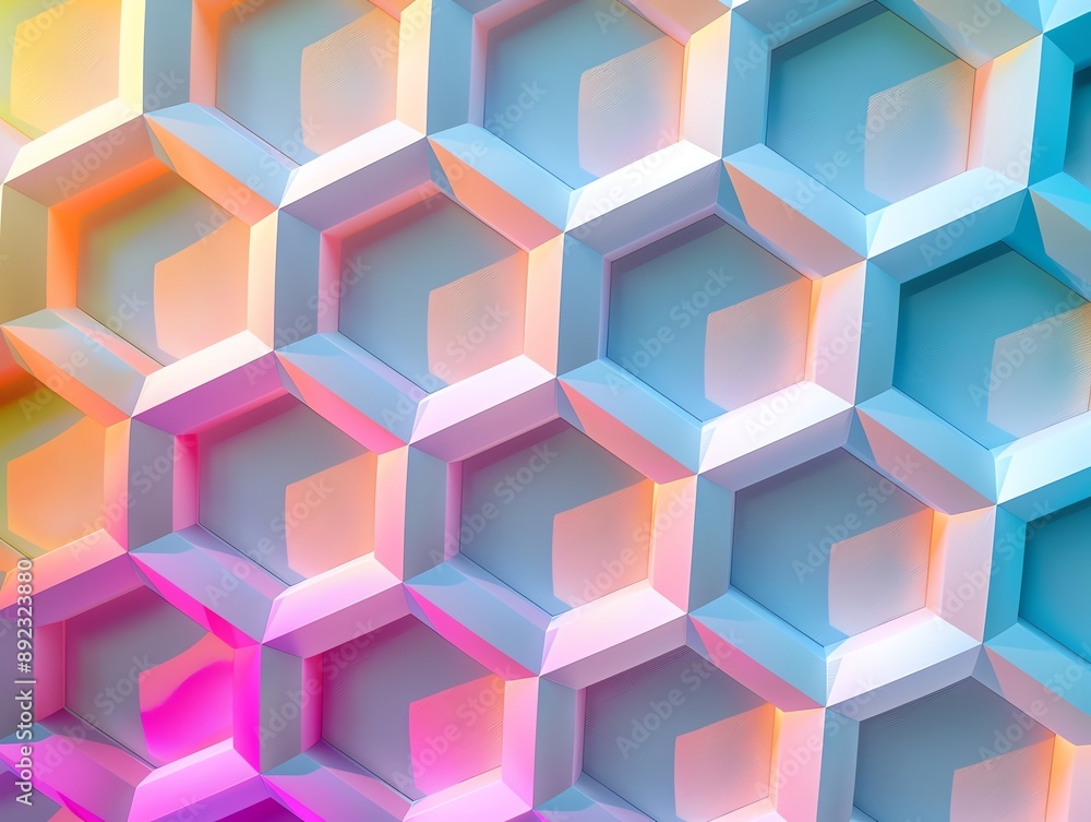Geometric 3D pattern of white hexagons with translucent layers, casting dynamic shadows Geometric 3D pattern of white hexagons with translucent layers, casting dynamic shadows