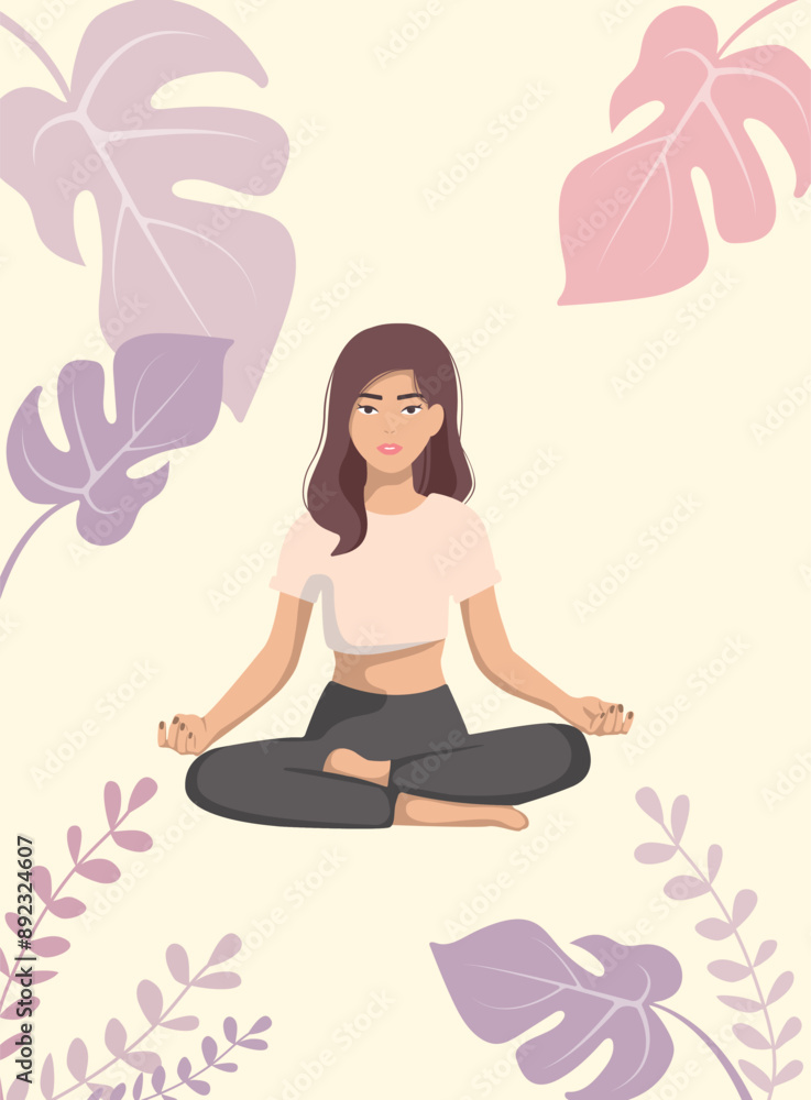 girl in the lotus position is engaged in a background of leaves, face less girl in the lotus position is engaged in a background of leaves, face less
