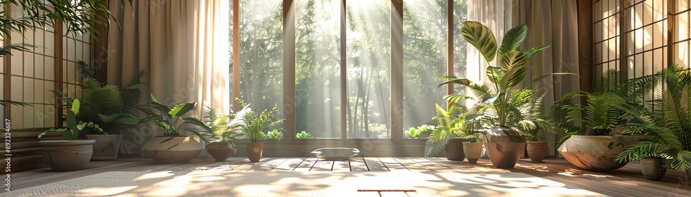 Organic 3D room with natural elements like wooden beams, plants, and sunlight filtering through windows Organic 3D room with natural elements like wooden beams, plants, and sunlight filtering through windows