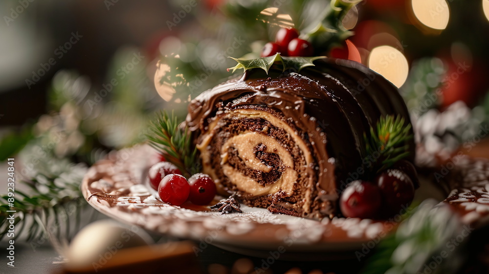 A close-up of a slice of decadent Yule log cake, rolled with chocolate ganache and decorated with edible holly leaves and berries, on a festive dessert plate. Festive atmosphere of Christmas New Year A close-up of a slice of decadent Yule log cake, rolled with chocolate ganache and decorated with edible holly leaves and berries, on a festive dessert plate. Festive atmosphere of Christmas New Year