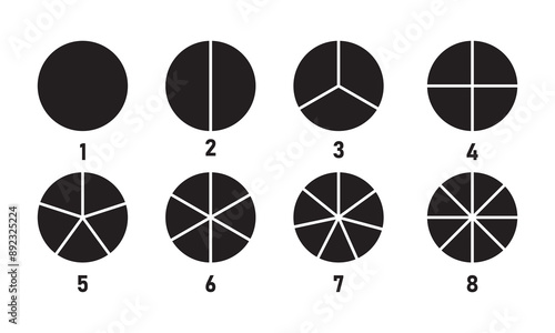 Segments of circle with 1 to 8 pieces. Info graphic icons circles set divided radius in black and white color vector image. Divided circle sections, Black round diagram. Divided circle sections .