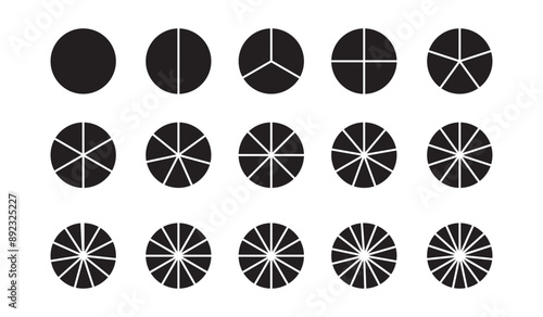 Segments of circle with 1 to 15 pieces. Info graphic icons circles set divided radius in black and white color vector image. Divided circle sections, Black round diagram. Divided circle sections.
