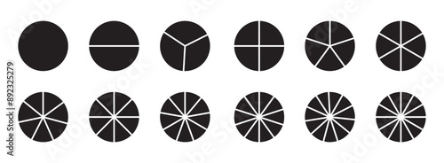 Segments of circle with 1 to 12, pieces. Info graphic icons circles set divided radius in black and white color vector image. Divided circle sections, Black round diagram. Divided circle sections .