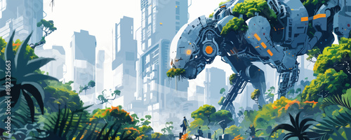 Strange cyber-animals and mechanical creatures inhabiting the jungles of high-rise corridors and megacities. Vector flat minimalistic isolated illustration.