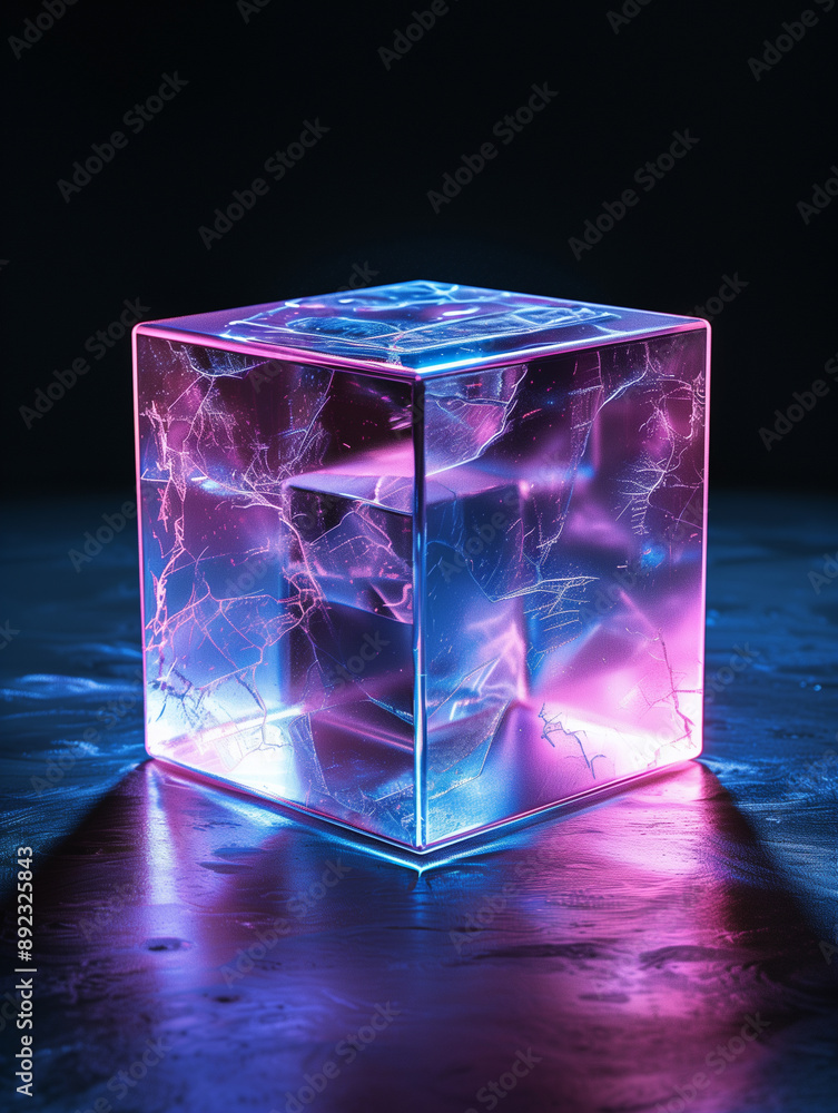 Glowing cube with electric patterns illuminated in neon colors. Glowing cube with electric patterns illuminated in neon colors.