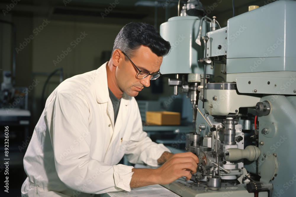 Scientist in Lab Coat Focused on Precision Work with Machinery in Modern Laboratory Setting Scientist in Lab Coat Focused on Precision Work with Machinery in Modern Laboratory Setting
