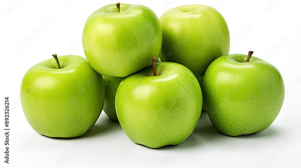 Five green apples stacked on white surface, perfect for food blogs, kitchen decor, healthy eating promotions, or nutrition related designs. Five green apples stacked on white surface, perfect for food blogs, kitchen decor, healthy eating promotions, or nutrition related designs.