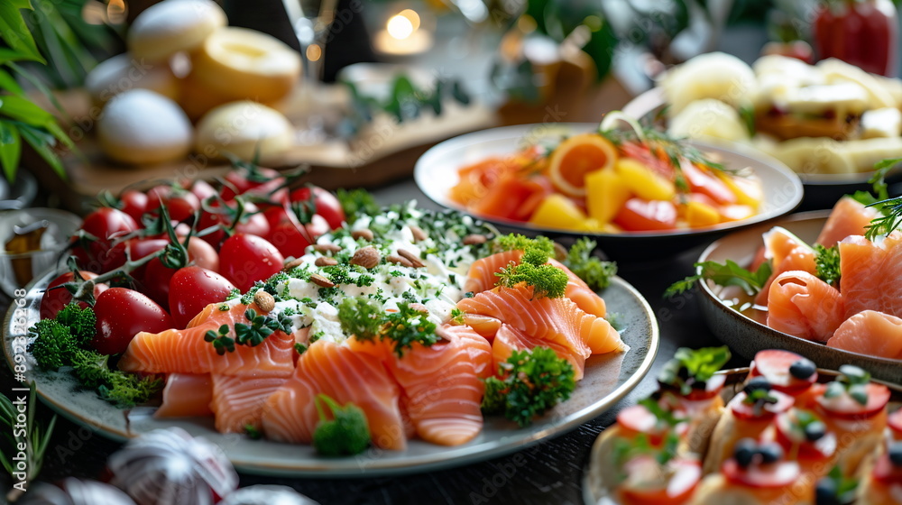 A festive Christmas brunch buffet with a variety of dishes, including smoked salmon platter with cream cheese and bagels, fresh fruit salad, and mini pastries. Festive atmosphere of Christmas New Year A festive Christmas brunch buffet with a variety of dishes, including smoked salmon platter with cream cheese and bagels, fresh fruit salad, and mini pastries. Festive atmosphere of Christmas New Year