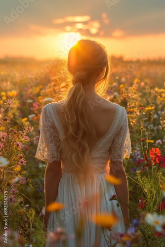 A woman in a white dress with her blonde hair in a ponytail stands in a field of wildflowers, facing the setting sun. She gazes at the horizon, bathed in the golden light of the evening sky.