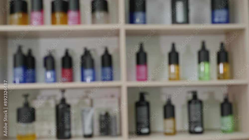 Close-up of various jars and containers on the shelves in a beauty salon or barbershop. The working background of the barbershop in tools and hair care products. The blurred image. Close-up of various jars and containers on the shelves in a beauty salon or barbershop. The working background of the barbershop in tools and hair care products. The blurred image.