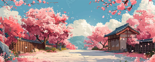 Japanese cherry blossom sakura on the background of an old asian style house, tourism to asia during the flowering of plants and spring. vector simple illustration