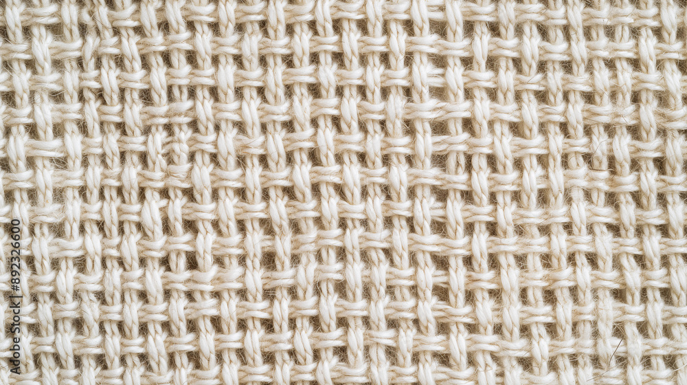 Close-up of white knit fabric with pattern. Knitted fabric with needles. The concept of warmth and comfort as the knitted fabric is soft and cozy. Close-up of white knit fabric with pattern. Knitted fabric with needles. The concept of warmth and comfort as the knitted fabric is soft and cozy.
