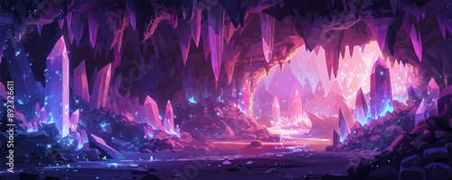 Subterranean cavern with glowing crystals, underground rivers, and mysterious rock formations. Vector flat minimalistic isolated illustration.