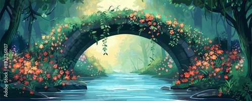 Enchanted forest bridge adorned with vines and flowers, spanning a gentle stream. Vector flat minimalistic isolated illustration.