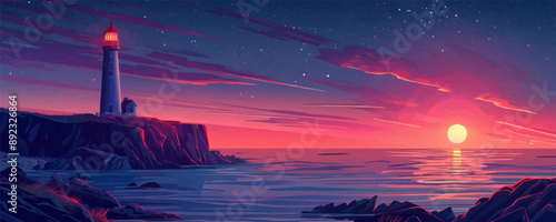 Peaceful seaside lighthouse perched atop rugged cliffs, guiding ships safely through the night. Vector flat minimalistic isolated illustration.