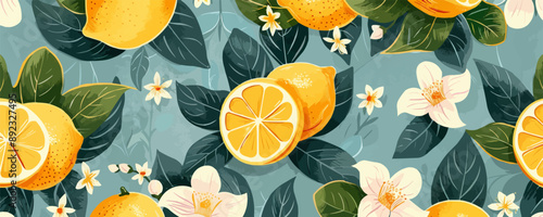 Tropical summer seamless pattern with lemons, leaves and flowers. Citrus fruit background. Modern trendy design for paper, cover, fabric. Vector flat minimalistic isolated illustration