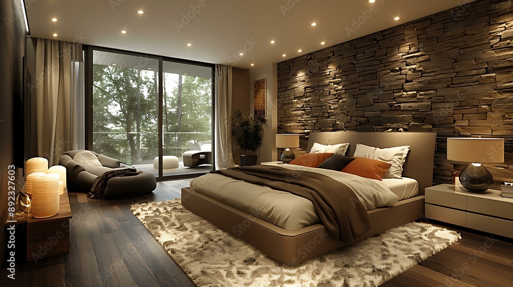 A modern bedroom with elegant decor A modern bedroom with elegant decor