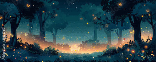 Enchanted forest glen with towering trees, magical creatures, and sparkling fireflies. Vector flat minimalistic isolated illustration.