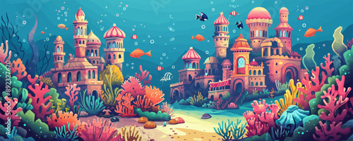 Whimsical underwater mermaid city with coral palaces, seashell towers, and colorful marine life. Vector flat minimalistic isolated illustration.