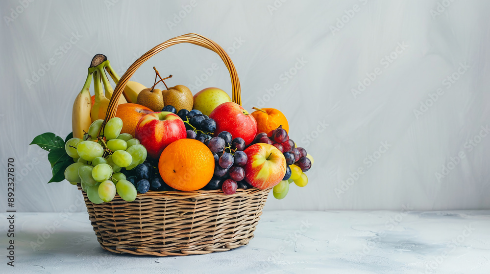 Assortment of exotic fruits and berries in a basket on a light background. Assortment of exotic fruits and berries in a basket on a light background.