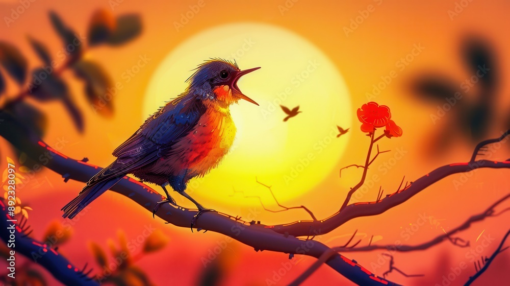 An animated image of a singing bird against the background of the rising sun. A beautiful bird sitting on a tree branch
An animated image of a singing bird against the background of the rising sun. A beautiful bird sitting on a tree branch