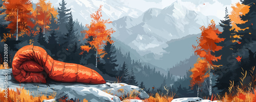 Warm down sleeping bag for hiking in cold autumn mountains. vector simple illustration