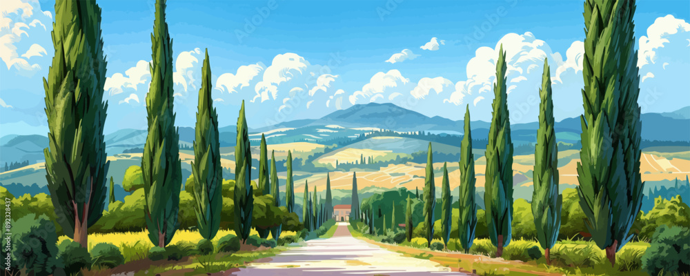 Obraz premium Majestic cypress alley somewhere in scenic Tuscany. vector simple illustration