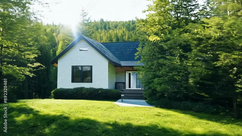 A modern farmhouse hidden away in a lush wooded area. A modern farmhouse hidden away in a lush wooded area.