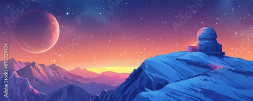 Dreamy celestial observatory perched atop a mountain peak, with telescopes pointed towards the stars. Vector flat minimalistic isolated illustration.